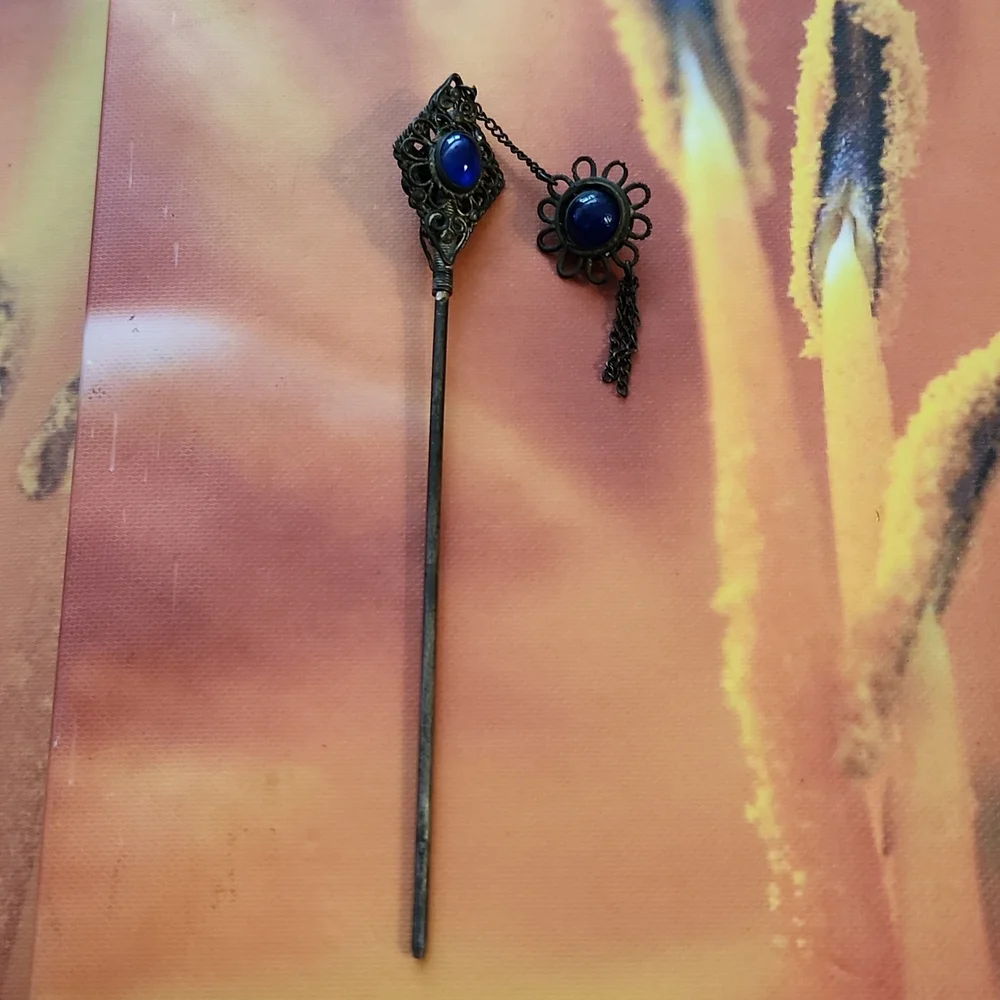 Vintage Hair Pin with Blue Cabachons